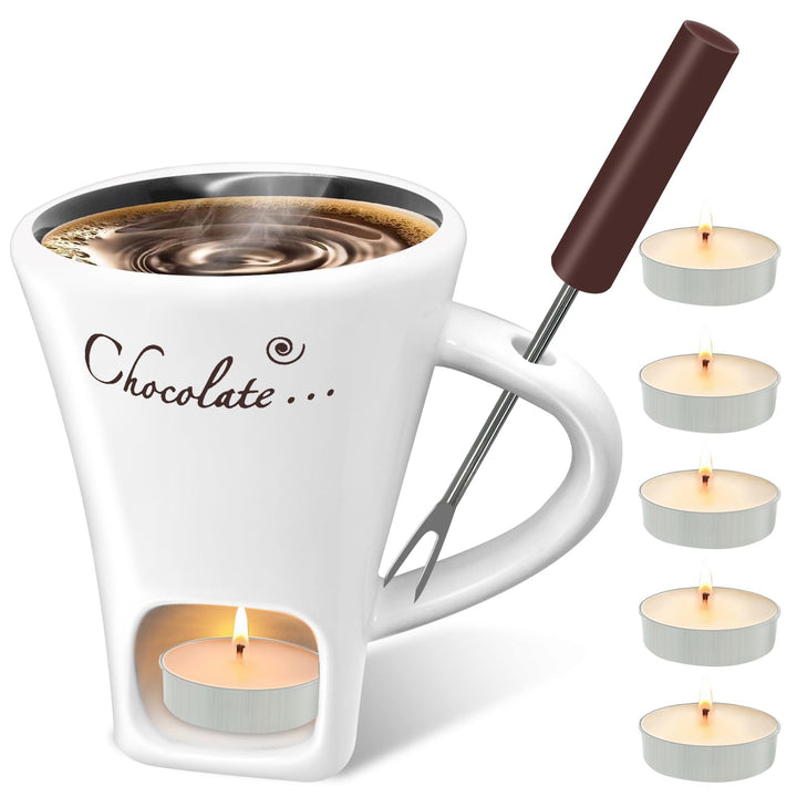 Schokofondue Tasse, 200ml Schokoladen Fondue Becher Set, Keramik Schokoladenfondue Set, mit Gabel un