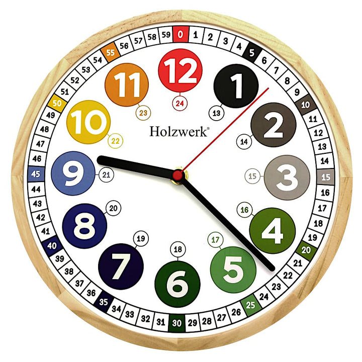 Holzwerk Germany Öko Natur Kinder-Wanduhr Kinder Jungen Mädchen aus Holz lautloses Uhrwerk ohne Tick