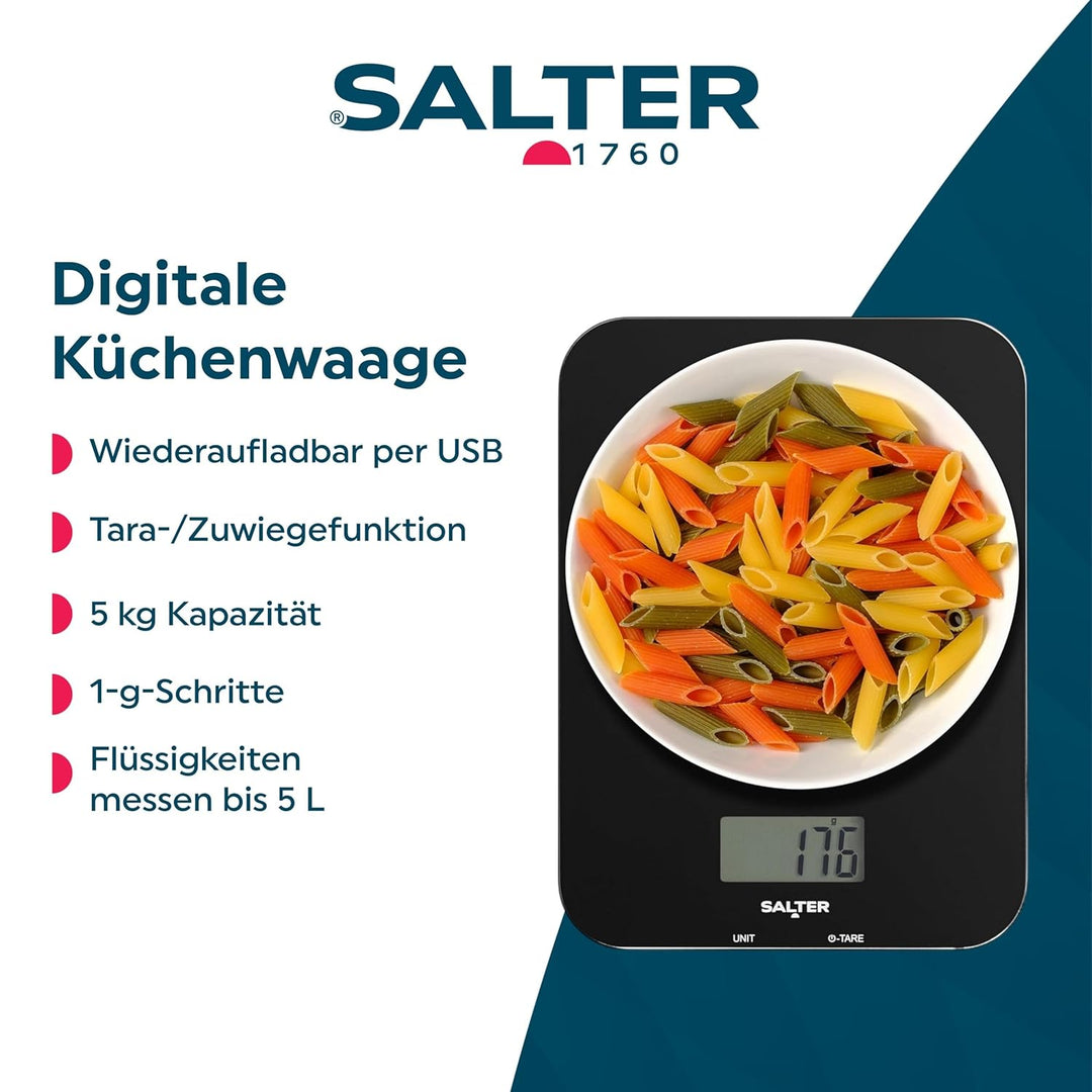 Salter wiederaufladbare Küchenwaage – digitale Waage zum Kochen und Backen, Tare Funktion, USB-Ladek