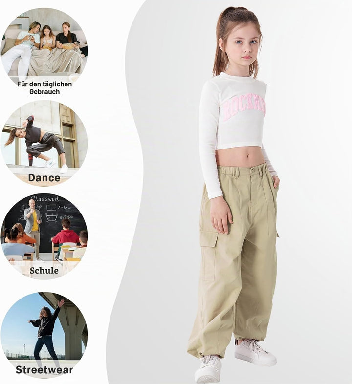 Rolanko Mädchen Cargohose, Baumwoll Baggy Hose mit Elastischer Taille und Mehreren Taschen für Kinde