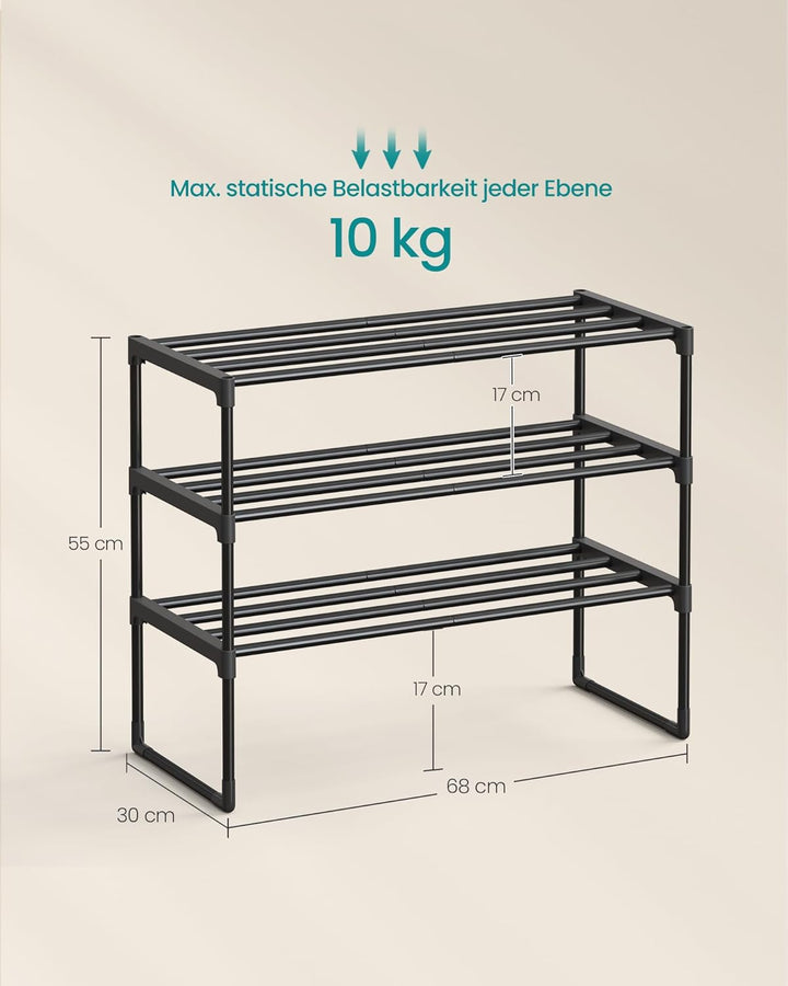 SONGMICS Schuhregal 3 Ebenen, Schuhständer Metall, Schuhaufbewahrung, Schuh-Organizer, aufrecht oder