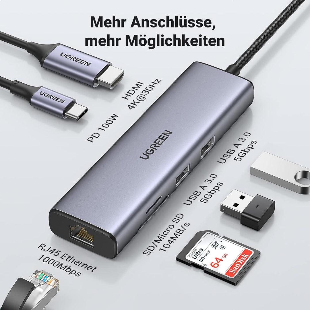 UGREEN USB C Hub 7 in 1 Docking Station mit 4K 30Hz HDMI, PD100W, 5Gbps USB 3.0 Anschlüssen, SD/TF K