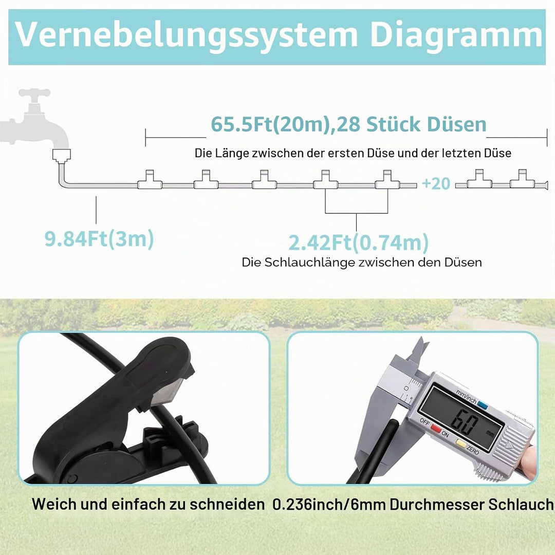Tesmotor 18M Sprühnebel Kühlung Set, Outdoor Misting System mit 20 Messing Nebeldüsen, Nebelkühlung