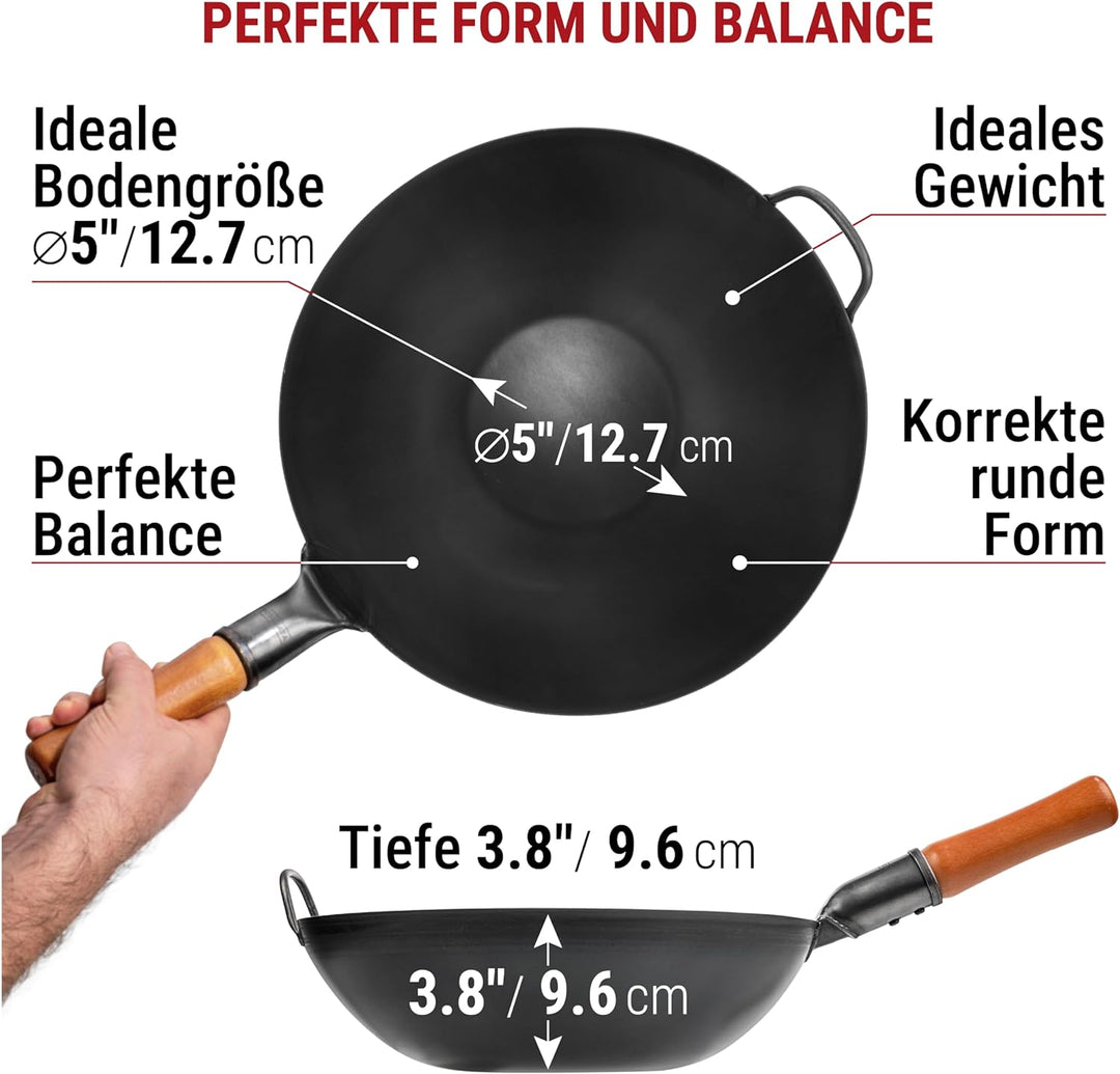YOSUKATA Karbonstahl Woks &amp; Wokpfannen - 34 cm Voreingebrannter Wok Pfanne Karbonstahl Flacher Boden