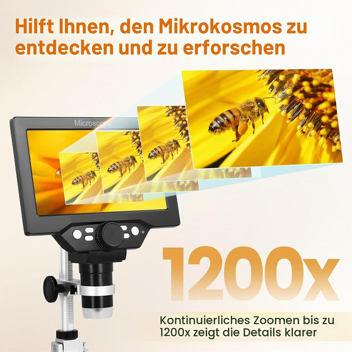 Aofesel Digitales Mikroskop 7-Zoll, G1200 LCD 3000mAh USB Digital Mikroskop, 1080P FHD-Videoaufzeich