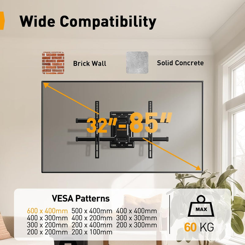 Perlegear TV Wandhalterung für 32-85 Zoll TVs bis zu 60 kg, Schwenkbar Neigbar Wandhalterung Fernseh