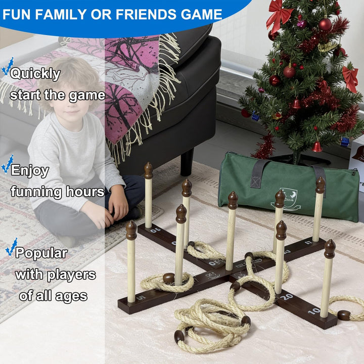 Quoits Ringwurfspiel aus Holz – Wurfspiel-Set mit Tragetasche 10 x Seilringe, 10 x Seilringe