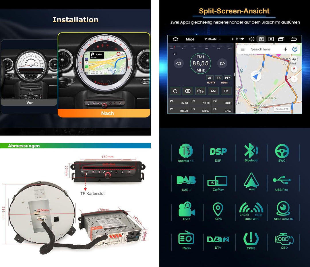 [4G+64G] 8 Core Android 12 Autoradio für BMW Mini Cooper Unterstützt Carplay Android Auto GPS Navi D