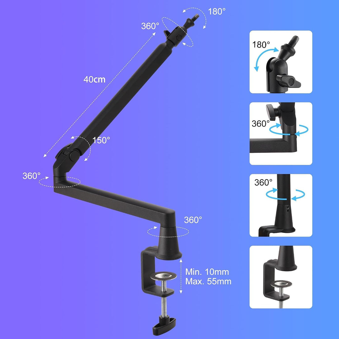 Mikrofonarm Niedrigprofil mit 15cm Verlängerung, Verstellbarer Mikrofonarm aus Metall, Kabelmanageme