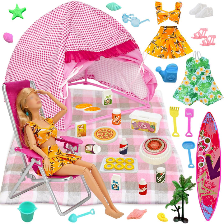 35 PCS Kleidung Camping Sets Kompatibel mit Barbie 11,5 Zoll Puppen, 1 Zelt, 1 Picknickdecke, 1 Stuh