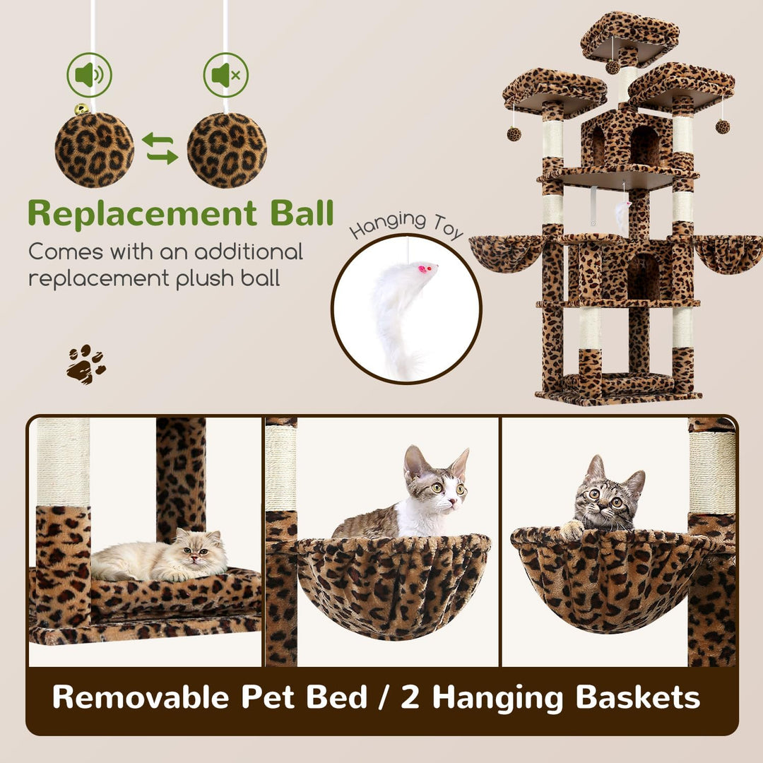 Globlazer Kratzbaum Leoparden Stabil 174 cm mit 3 Gepolsterte Sitzstangen, 2 Katzenhaus, 2 Korb, Abn