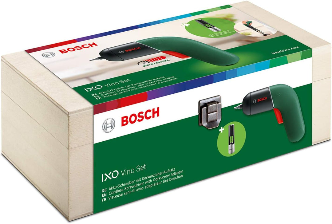Bosch Akkuschrauber IXO Vino Set (6. Generation, grün, mit IXO Korkenzieheraufsatz, über Micro-USB-K