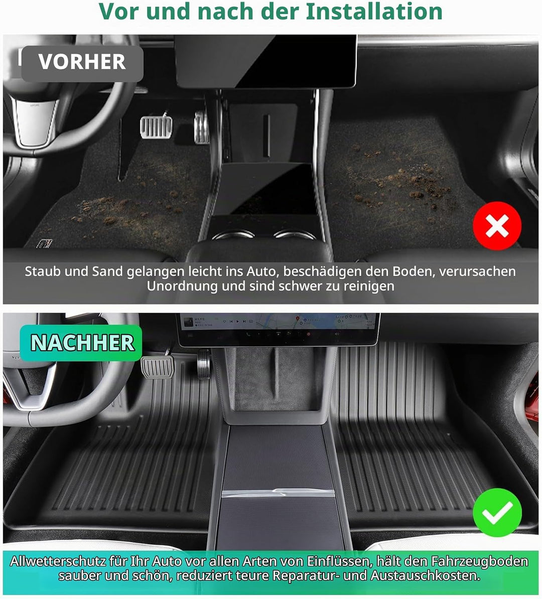 [4 Stück] GAFAT Neu Tesla Model 3 Highland 2024 2025 Kofferraummatten+Fussmatten, TPE Allwetter Inne