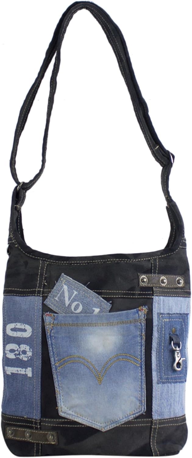 Sunsa Damen Umhängetasche aus Recycelte Jeans Canvas & Leder. Hobo Tasche schwarz/blau