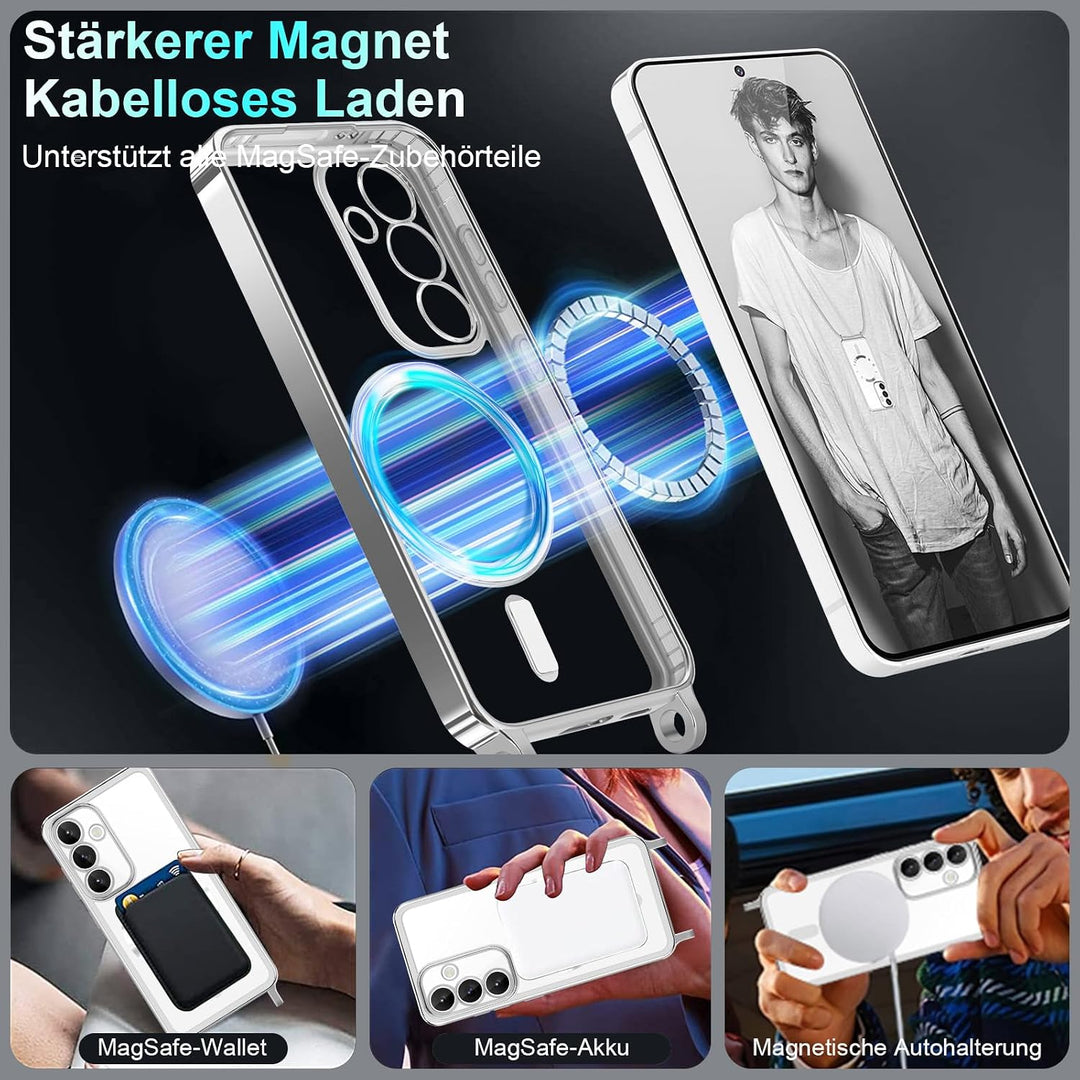 Handyband für Samsung Galaxy S25 Hülle mit Band + 1 Stück Glas Schutzfolie Transparent Silikon Handy