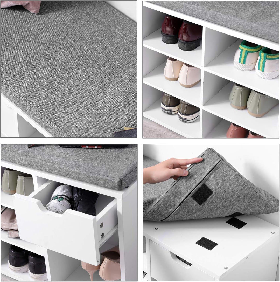 VASAGLE Schuhbank, Schuhregal mit Schublade und offenen Fächern, Sitzbank, gepolsterter Sitz, Flur,