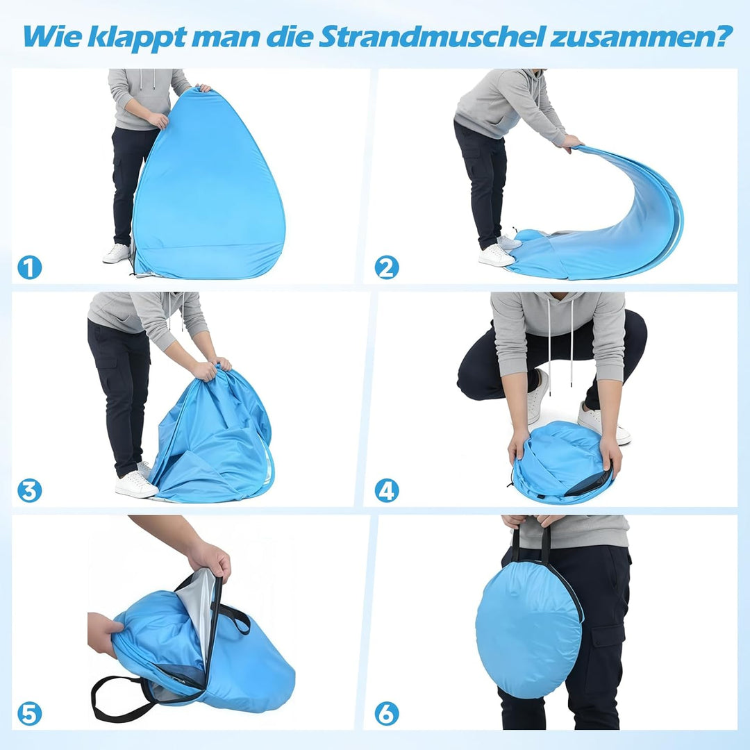 W&amp;H Strandmuschel Pop Up,UV Schutz 50+,Strandzelt für 2-3 Personen inkl. Tragetasche und Heringe,200