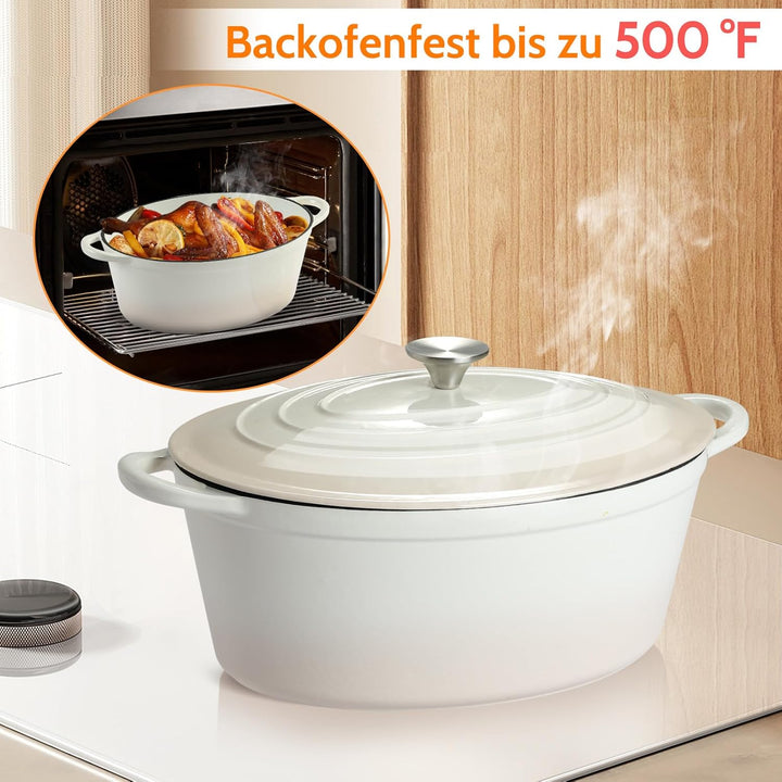 Gusseisen Bräter mit Deckel, Oval Gusseisen Topf 6.6L, Emaille Topf Gross Backofengeeignet, Schmorto