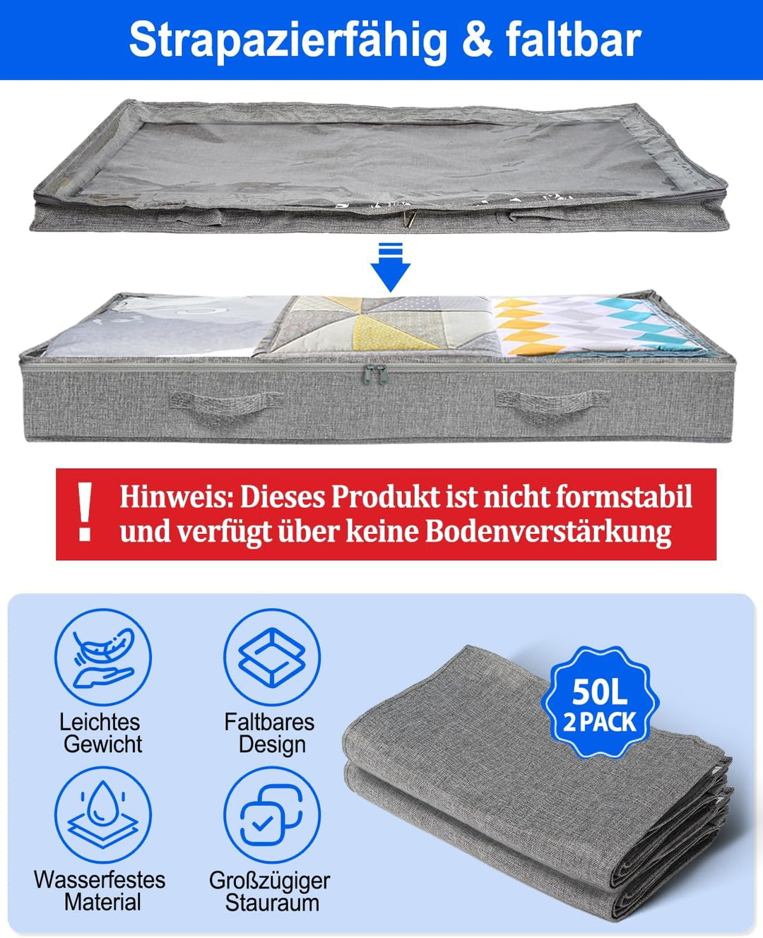 Unterbett-Aufbewahrungstaschen 100×50×10 cm, aus feuchtigkeitsbeständigem Leinen, mit transparentem