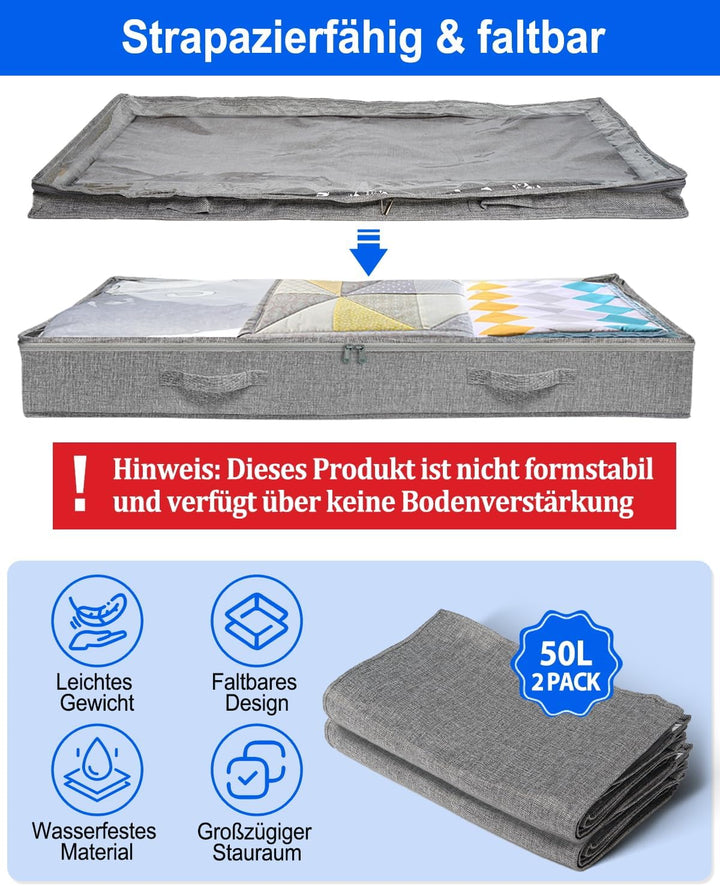 Unterbett-Aufbewahrungstaschen 100×50×10 cm, aus feuchtigkeitsbeständigem Leinen, mit transparentem