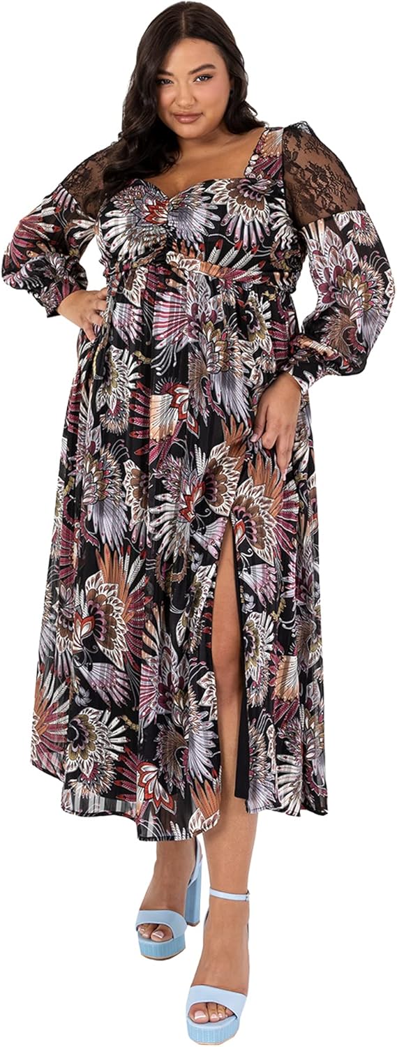 Lovedrobe Damen Womens Plus Size Midaxi Dress with Pockets Curve Long Bishop Sleeve Slit Mesh Sweeth