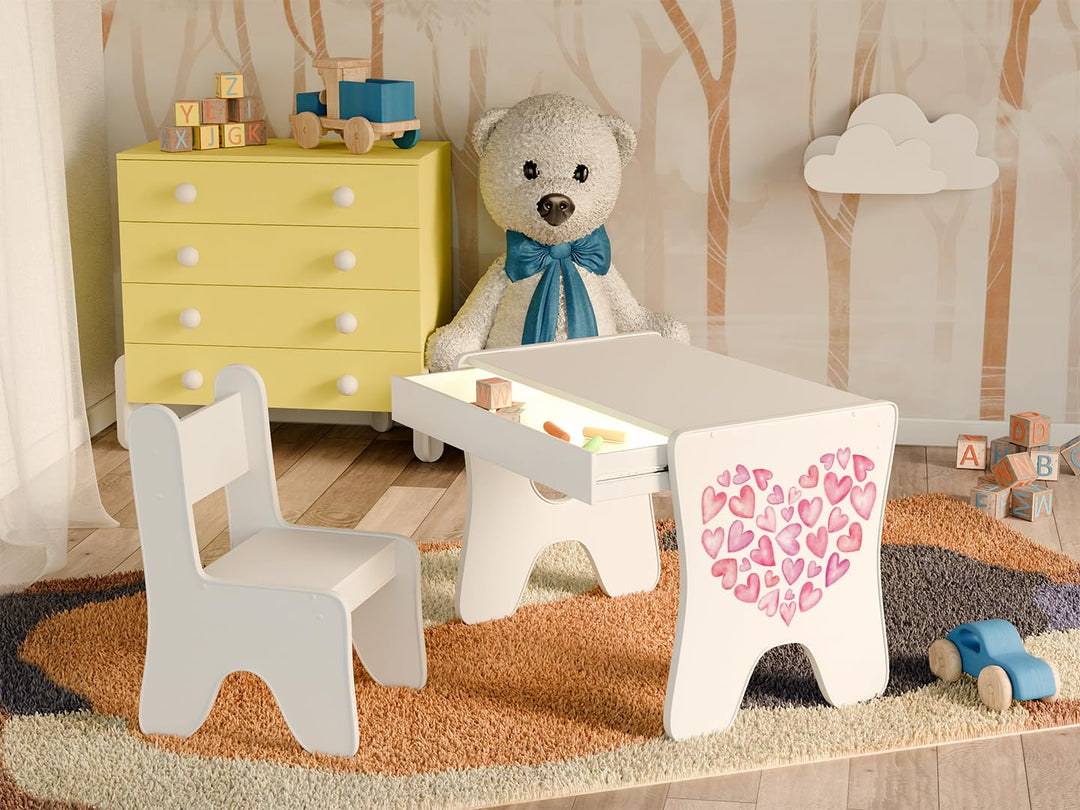 Happy Babies - Kinderschreibtisch-Stuhl-Set, ergonomischer Spieltisch mit geräumiger Schublade - Kin