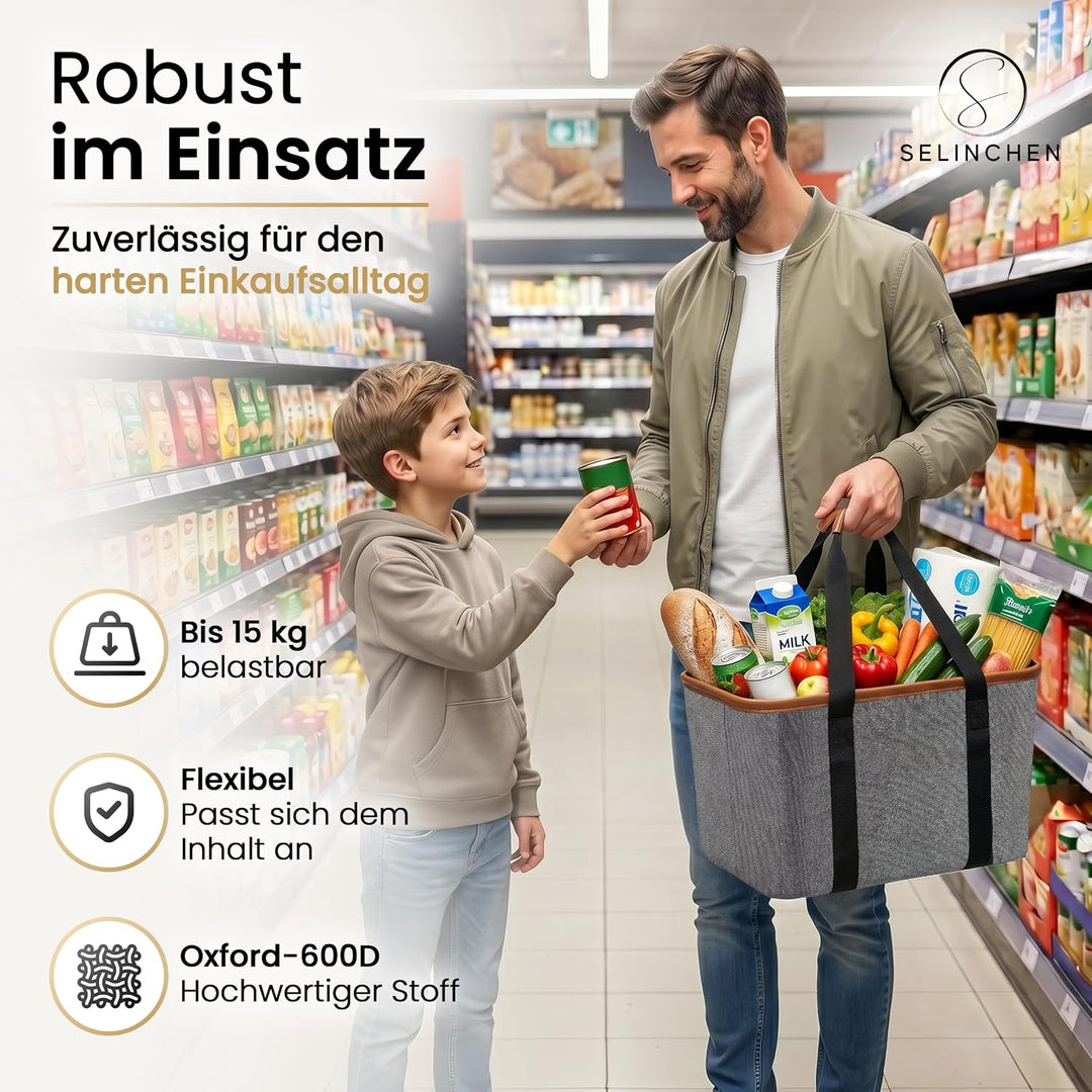 Selinchen® - Premium Einkaufskorb | Hochwertige Einkaufstasche faltbar und mit PU-Ledergriff | Ideal