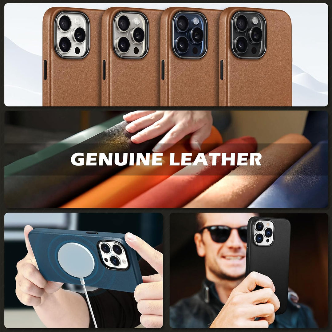 SHIELDON Hülle für iPhone 15 Pro Max Handyhülle Schutzhülle [Echtleder] [Kabellos Laden] [Elegant Au