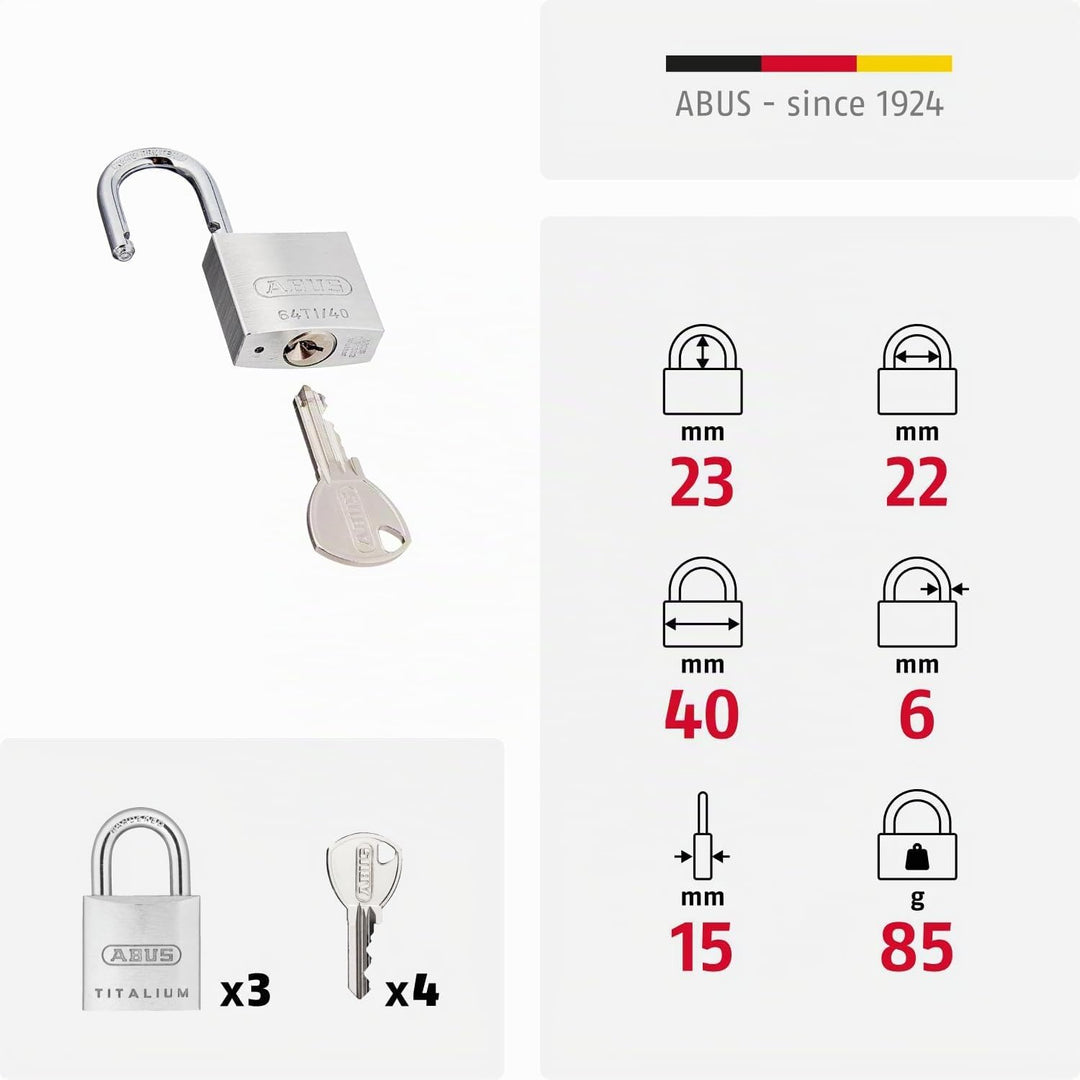ABUS Vorhängeschloss Titalium 64TI/40 - 3er Set, gleichschliessend - Kellerschloss mit Schlosskörper