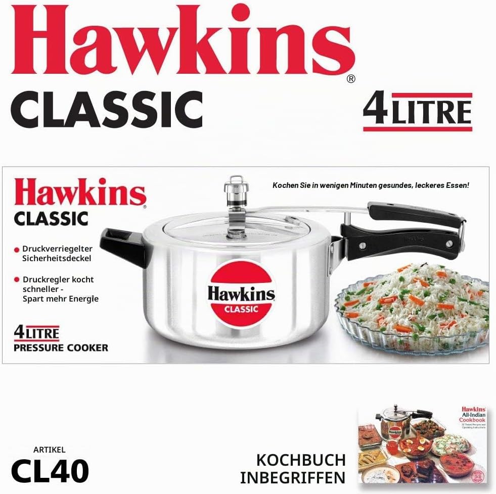 HAWKINS Classic CL40 Schnellkochtopf aus Aluminium, 4 l, klein, silberfarben 4-Liter Silber, 4-Liter