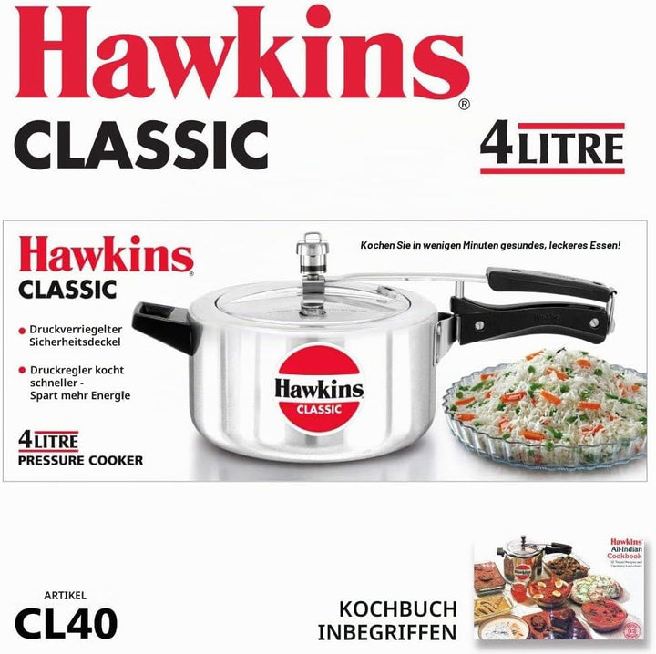 HAWKINS Classic CL40 Schnellkochtopf aus Aluminium, 4 l, klein, silberfarben 4-Liter Silber, 4-Liter