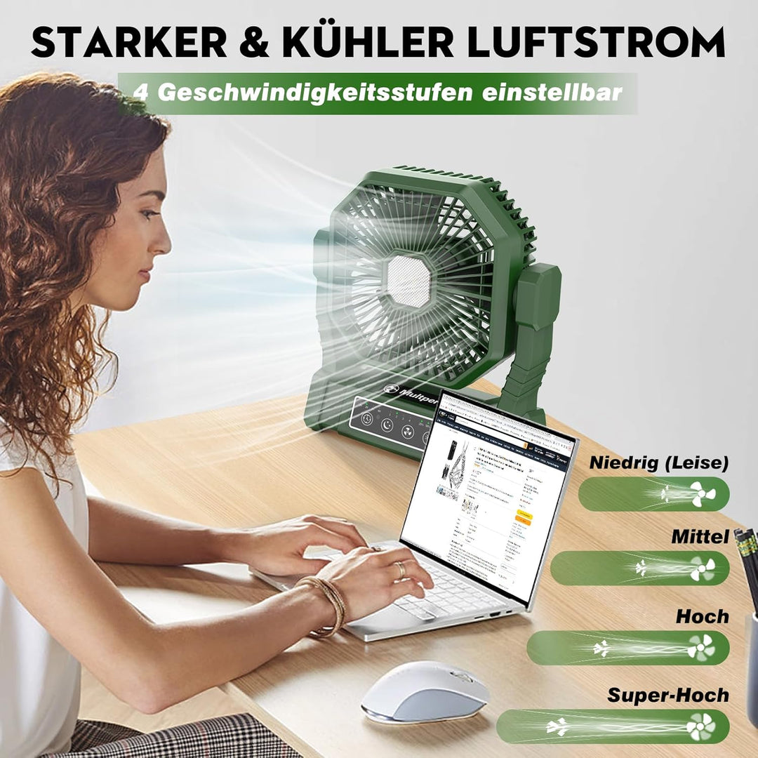 Multper Campingventilator mit LED-Licht, 10000 mAh Wiederaufladbarer Outdoor Zeltventilator mit Hake