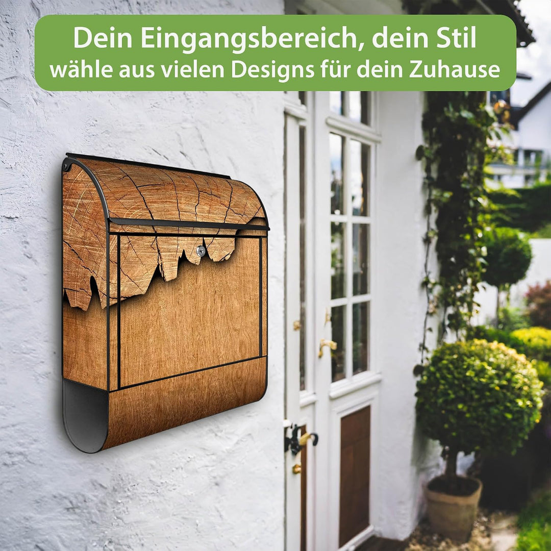 banjado® Design Briefkasten mit Motiv Holz 39x47x14cm &amp; 2 Schlüssel - Briefkasten Stahl schwarz mit