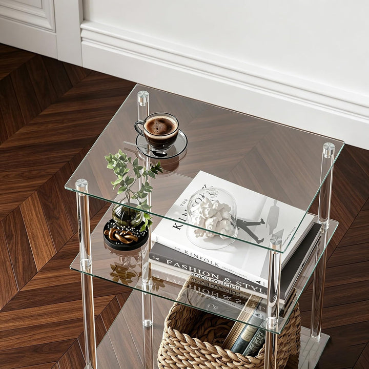Moderner Beistelltisch Glas Eckig Transparenter Tisch mit 3 Ablagen Nachttisch Glastisch Side Table