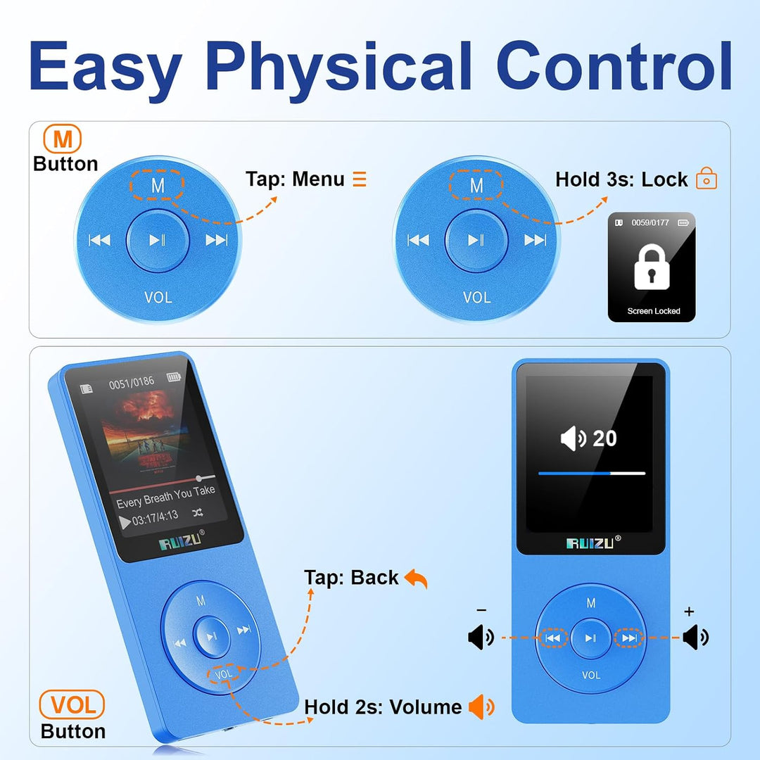 64GB MP3 Player mit Bluetooth 5.3, Ultraleicht (30 Gramm), bis zu 80 Stunden Akkulaufzeit, 1.8-Zoll-
