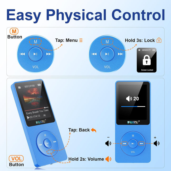 64GB MP3 Player mit Bluetooth 5.3, Ultraleicht (30 Gramm), bis zu 80 Stunden Akkulaufzeit, 1.8-Zoll-