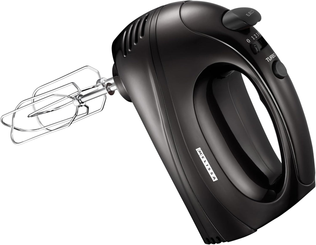 Melissa 16200085 Handmixer, 300 Watt, Schneebesen und Knethaken verchromt,schwarz