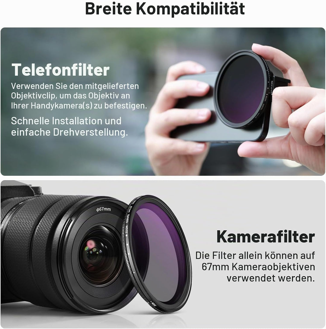 Neewer 67 mm Variables ND2-ND32 Handy-Objektivfilter-Set, Handy-Clip mit Gewindeadapterring/Kaltschu