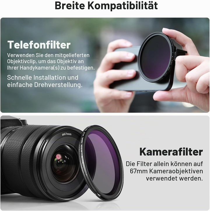 Neewer 67 mm Variables ND2-ND32 Handy-Objektivfilter-Set, Handy-Clip mit Gewindeadapterring/Kaltschu