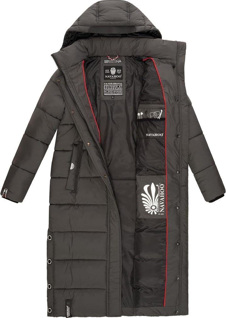 Navahoo Damen Wintermantel Warmer Steppmantel lang mit Abnehmbarer Kapuze Isalie XS-XXL XXL Anthraci