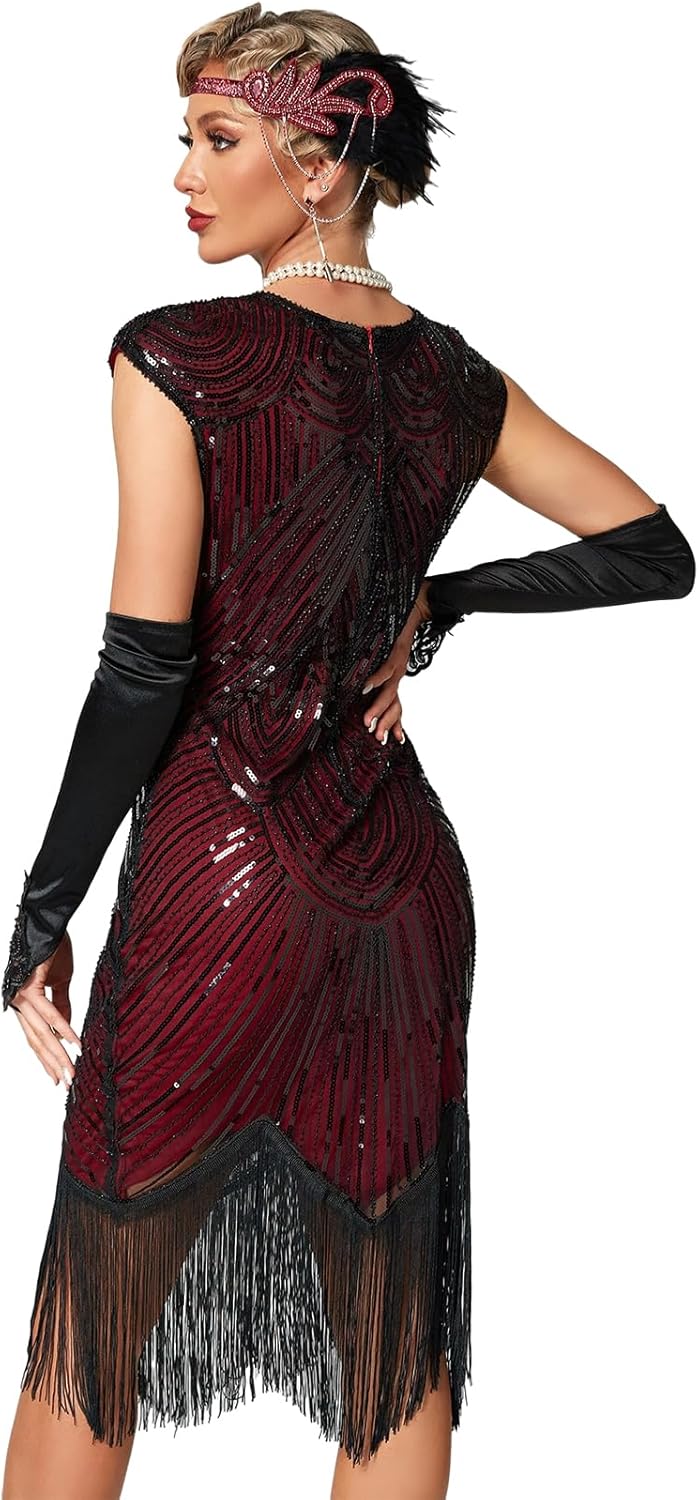 Damen Kleid voller Pailletten 20er Stil Runder Ausschnitt Inspiriert von Great Gatsby Kostüm Kleid S