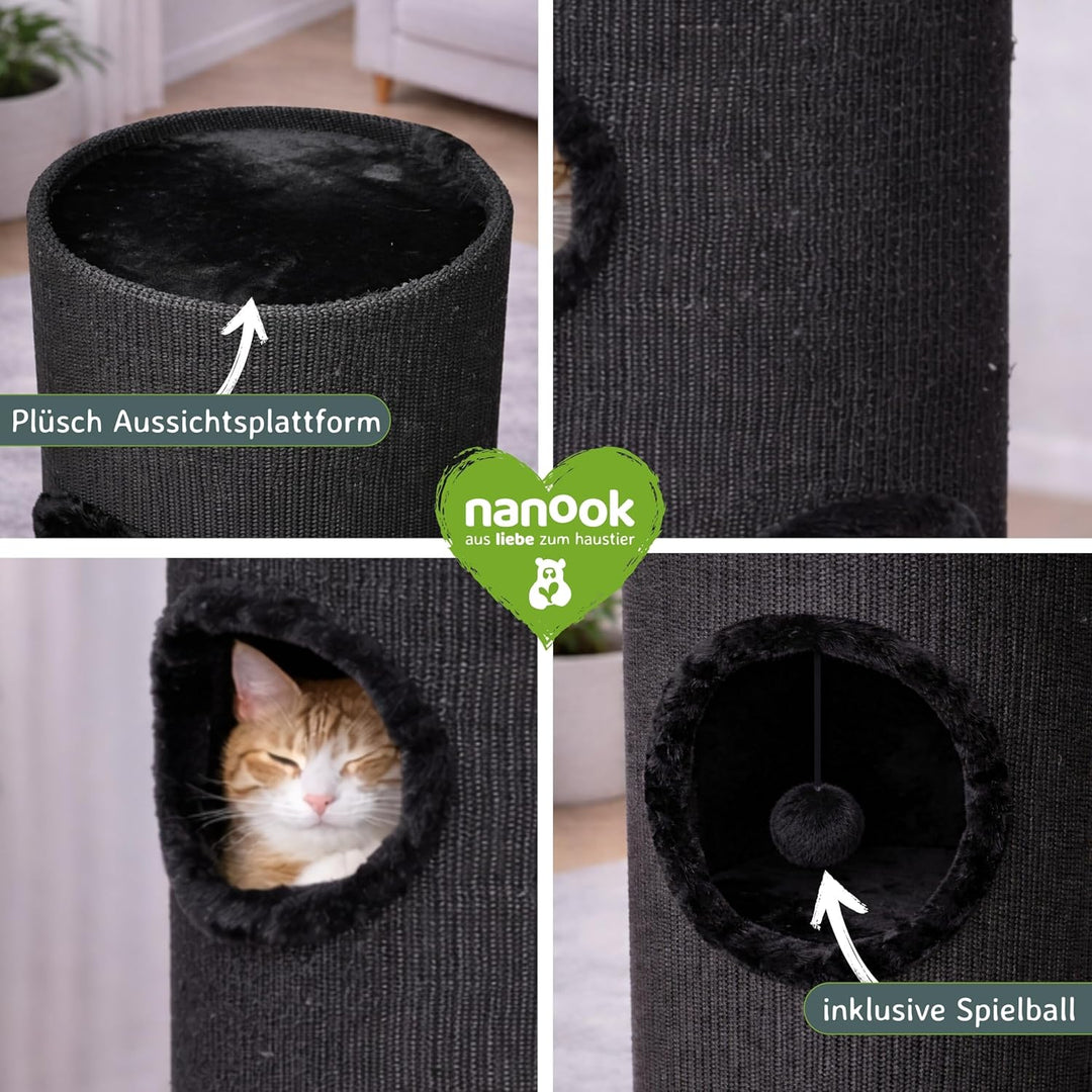 nanook Kratztonne Kratzbaum Oskar - Spieltonne für Katzen XXL mit 3 Höhlen und Spielball - Höhe 100