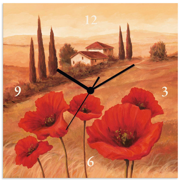 ARTLAND Wanduhr ohne Tickgeräusche Leinwand Funkuhr 30x30 cm Quadratisch Lautlos Toskana Landschaft