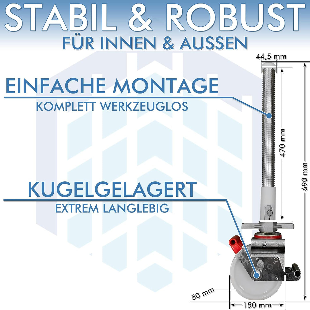 Gerüstrollen 150 mm mit Stahlspindel, doppelt gebremst, lotrecht stehend, Set mit 4 Stück, passend z