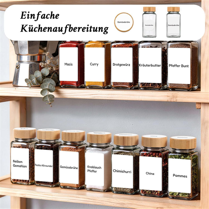 MHDCLY 24er Set Gewürzgläser Eckig mit Bambusdeckel (120ml) - Luftdichte Spice Jars &amp; Gewürzstreuer