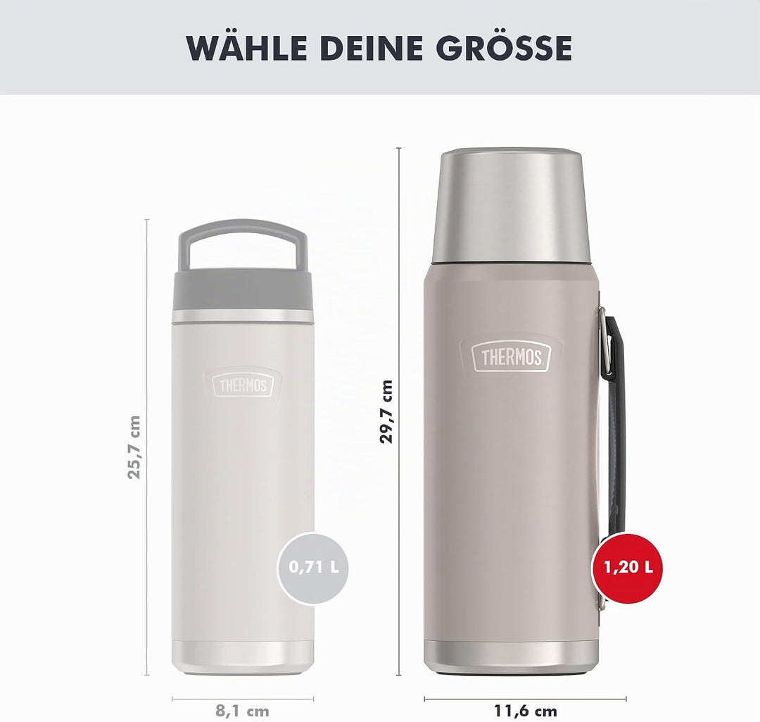 THERMOS ICON BEVERAGE BOTTLE 1,20l, beige/sandstone mat, Thermosflasche 1200ml, Isolierflasche mit T