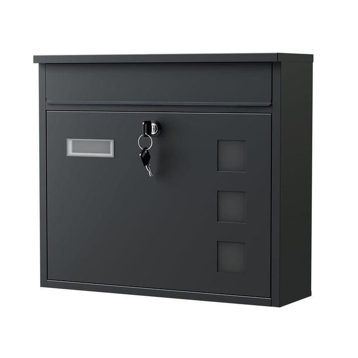 Wiltec Briefkasten V12 schwarz 360 x 115 x 315 mm, Wandbriefkasten mit Schloss, Sichtfenstern und Na