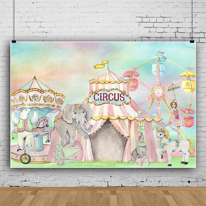 Renaiss 2.5x1.8m Karneval Zirkus Hintergrund Rosa Zelt Riesenrad Karussell Süsse Tiere Fotografie Hi