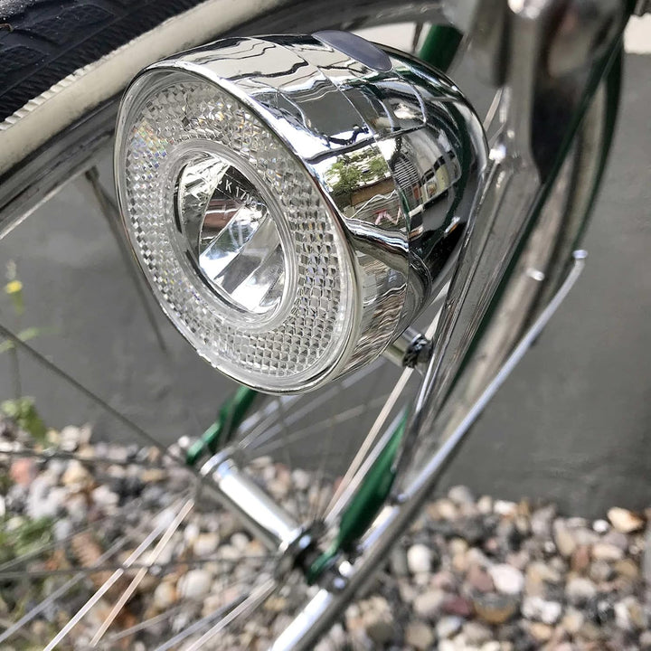 Retro LED Scheinwerfer Fahrrad Licht vorne Frontlicht mit Chrom Look und Batteriebetrieb