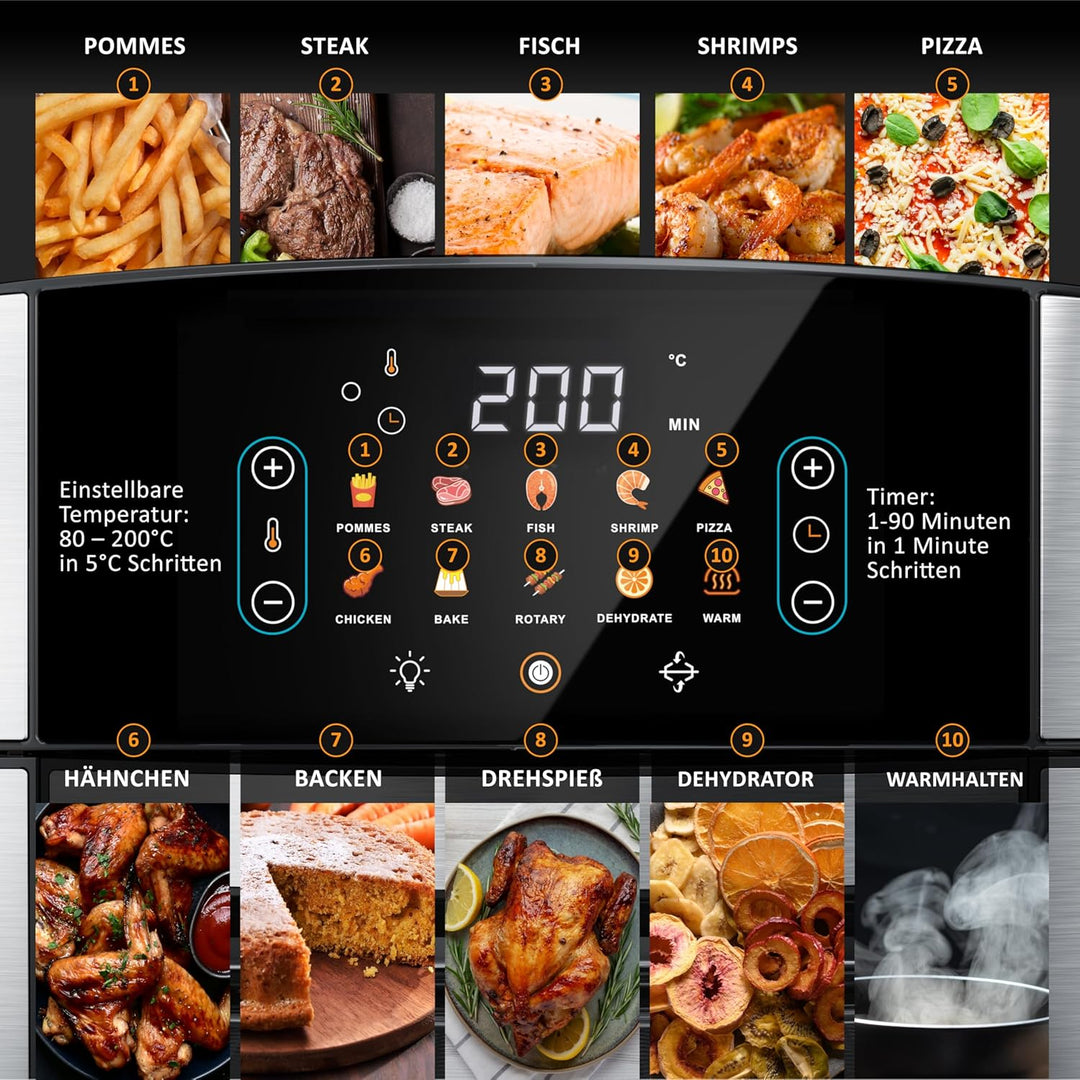 Arendo - Wlan Heissluftfritteuse XXL 16 Liter - Smart WiFi mit App - extra Gross 16 Liter - Backofen